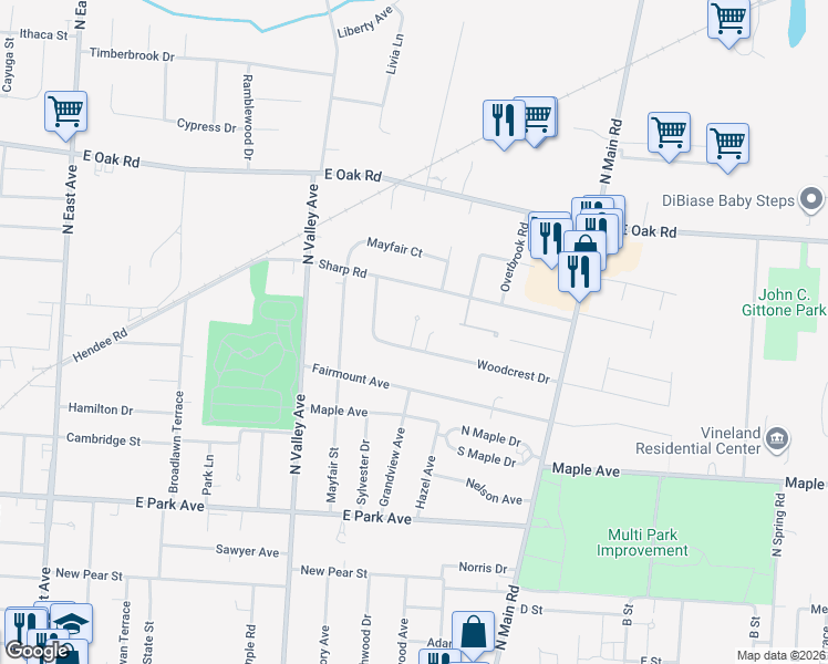 map of restaurants, bars, coffee shops, grocery stores, and more near 573 Sandy Court in Vineland