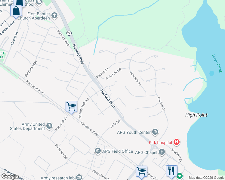 map of restaurants, bars, coffee shops, grocery stores, and more near 6283 Demby Drive in Aberdeen Proving Ground