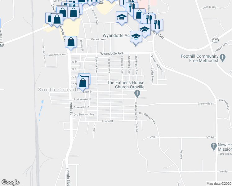 map of restaurants, bars, coffee shops, grocery stores, and more near 2493 Elgin Street in Oroville