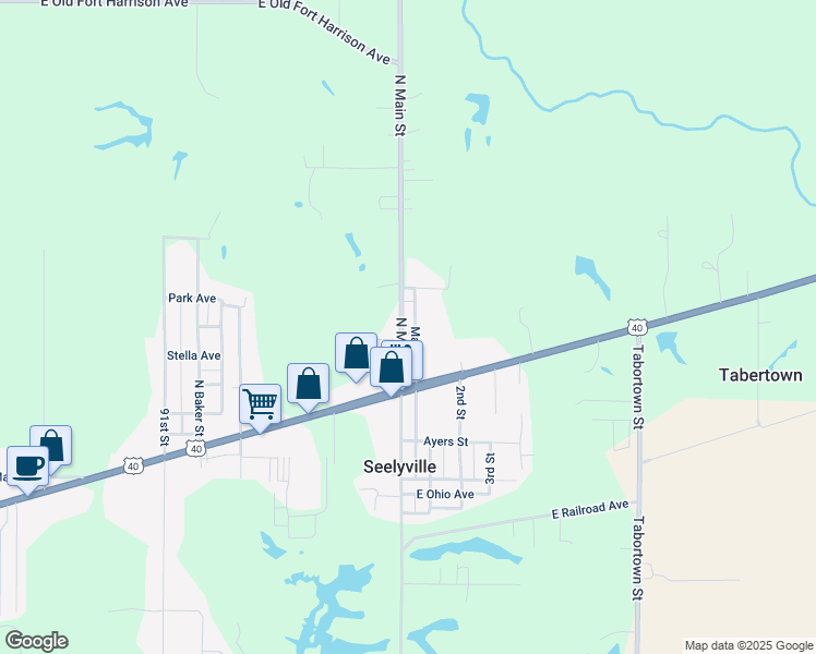 map of restaurants, bars, coffee shops, grocery stores, and more near 2505 North Main Street in Terre Haute