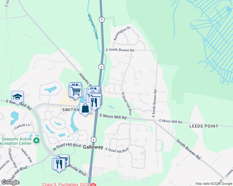 map of restaurants, bars, coffee shops, grocery stores, and more near 748 East Fishers Creek Road in Galloway