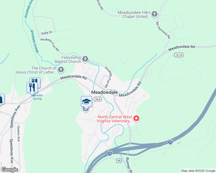 map of restaurants, bars, coffee shops, grocery stores, and more near 24 Pricketts Fort Road in Fairmont