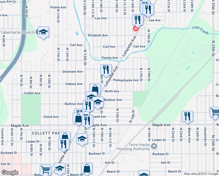 map of restaurants, bars, coffee shops, grocery stores, and more near 1423 Lafayette Avenue in Terre Haute