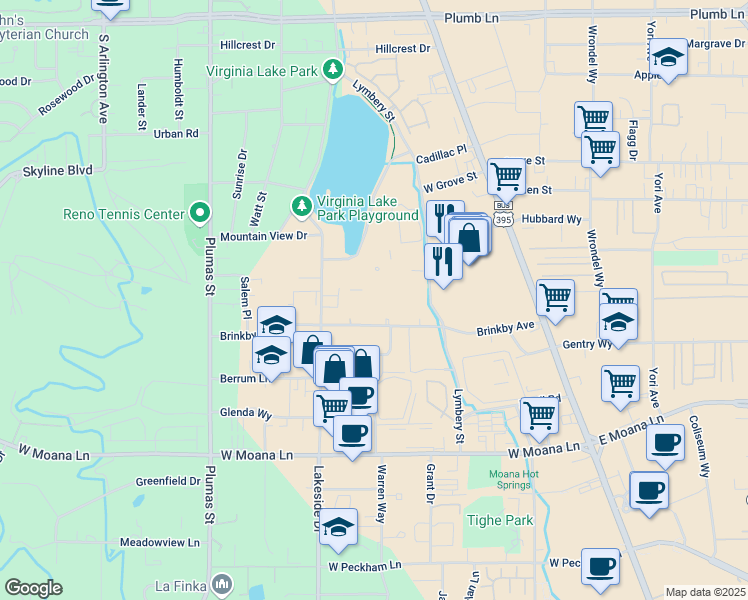 map of restaurants, bars, coffee shops, grocery stores, and more near 653 Brinkby Avenue in Reno