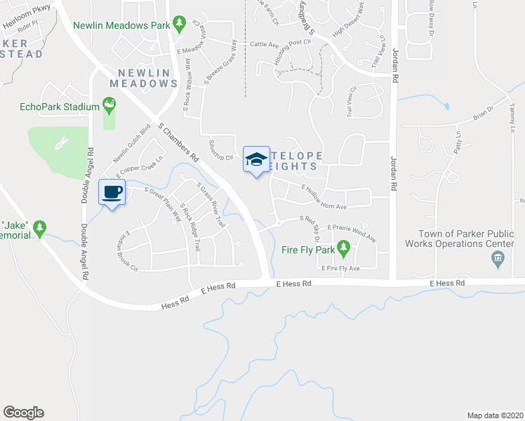 map of restaurants, bars, coffee shops, grocery stores, and more near 16217 East Swift Fox Place in Parker