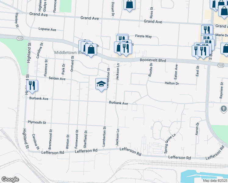 map of restaurants, bars, coffee shops, grocery stores, and more near 1730 Jackson Lane in Middletown