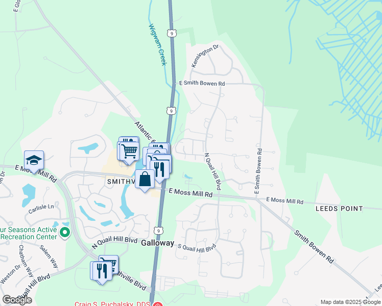 map of restaurants, bars, coffee shops, grocery stores, and more near 748 East Fishers Creek Road in Galloway