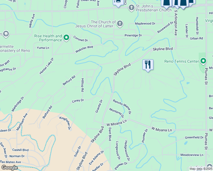 map of restaurants, bars, coffee shops, grocery stores, and more near 80 Skyline Circle in Reno