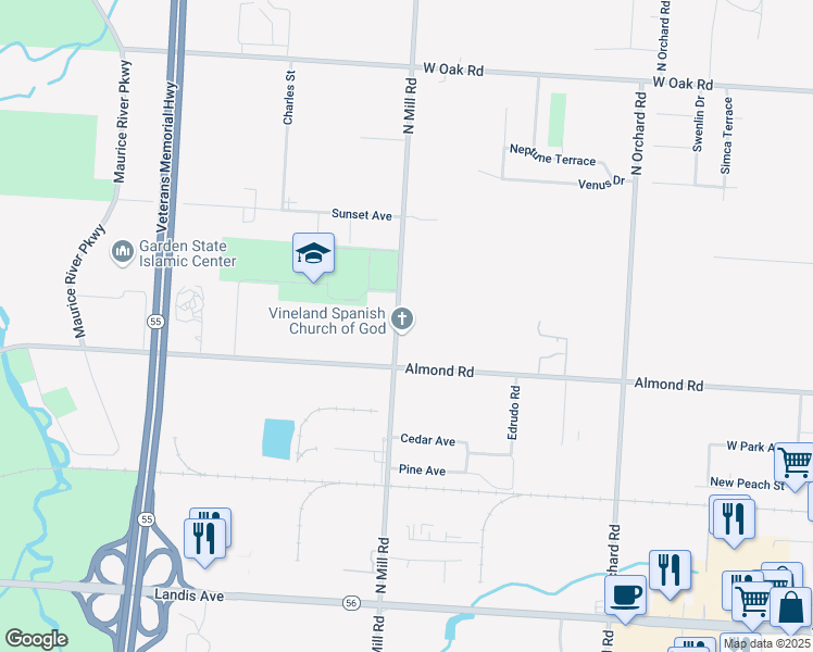 map of restaurants, bars, coffee shops, grocery stores, and more near 601 North Mill Road in Vineland