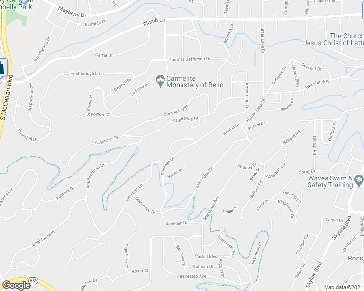 map of restaurants, bars, coffee shops, grocery stores, and more near 3050 Susileen Drive in Reno