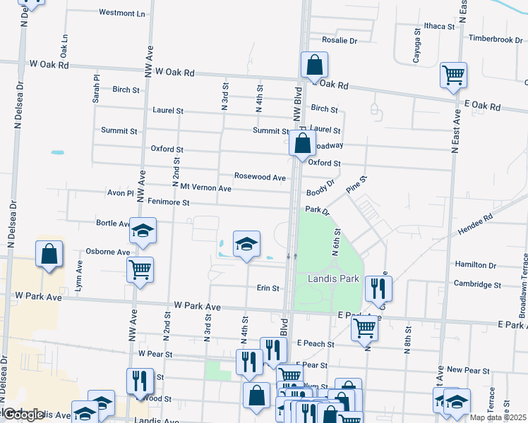 map of restaurants, bars, coffee shops, grocery stores, and more near 407 Fenimore Street in Vineland