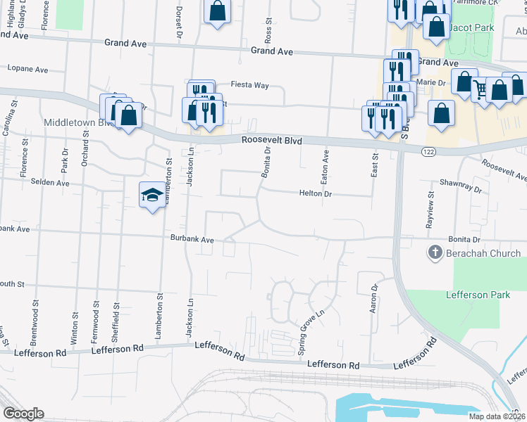 map of restaurants, bars, coffee shops, grocery stores, and more near 1716 Bonita Drive in Middletown