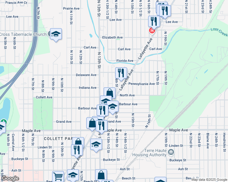 map of restaurants, bars, coffee shops, grocery stores, and more near 2416 North 14th Street in Terre Haute