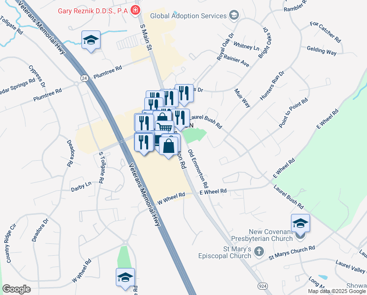 map of restaurants, bars, coffee shops, grocery stores, and more near 2214 Old Emmorton Road in Bel Air