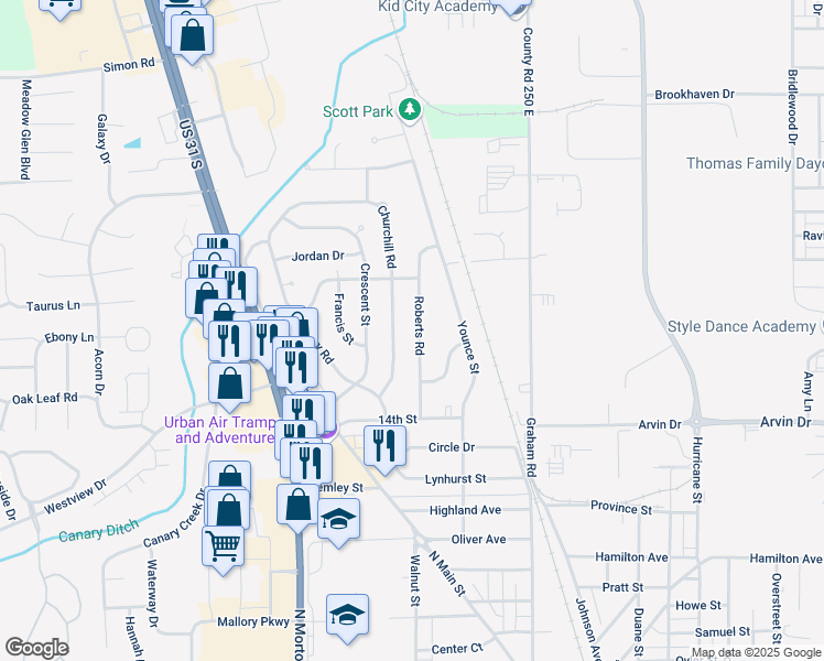 map of restaurants, bars, coffee shops, grocery stores, and more near 1543 Roberts Road in Franklin