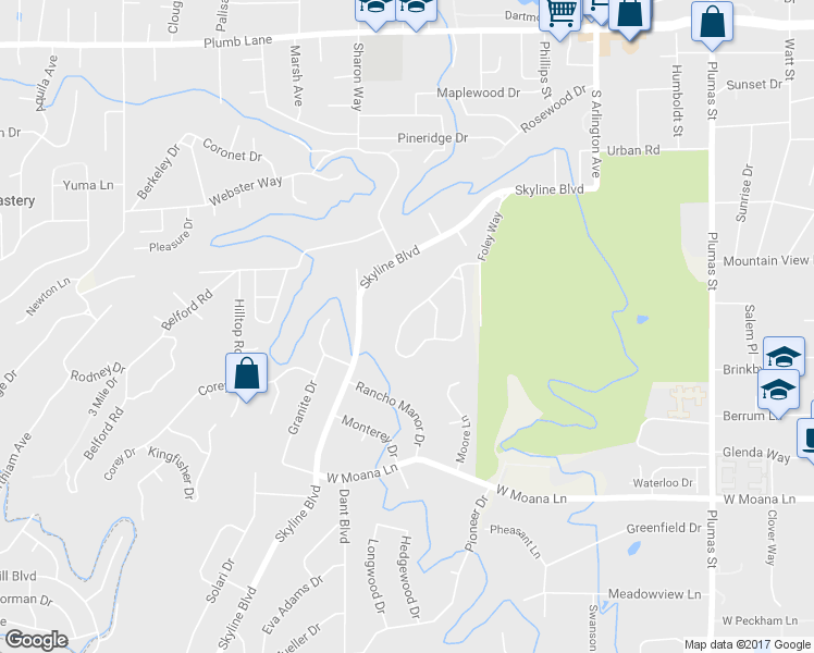 map of restaurants, bars, coffee shops, grocery stores, and more near 145 Greenridge Drive in Reno