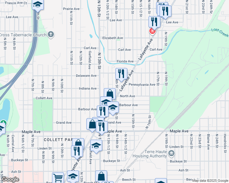 map of restaurants, bars, coffee shops, grocery stores, and more near 2416 North 14th Street in Terre Haute