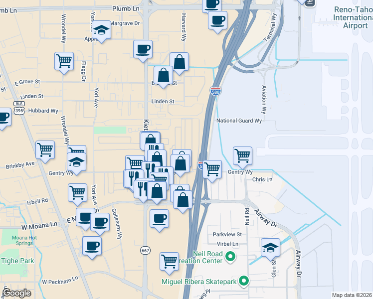 map of restaurants, bars, coffee shops, grocery stores, and more near 109 Kildeer Lane in Reno