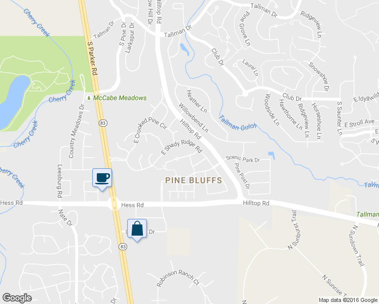 map of restaurants, bars, coffee shops, grocery stores, and more near 20335 Spruce Point Place in Parker