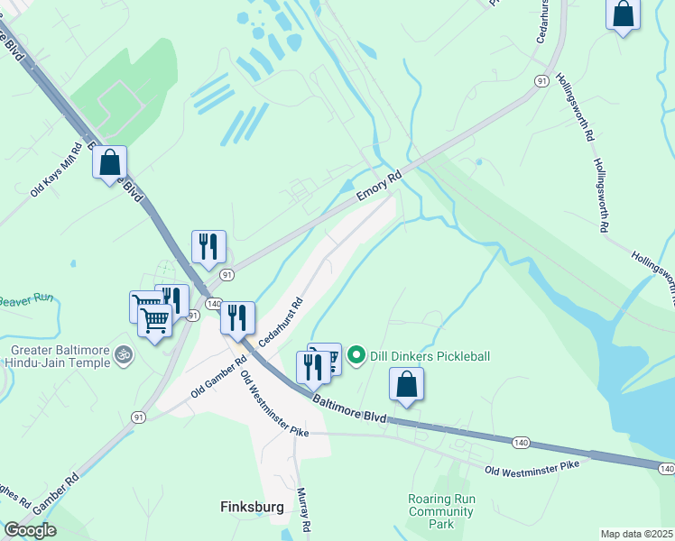 map of restaurants, bars, coffee shops, grocery stores, and more near 2815 Cedarhurst Road in Finksburg