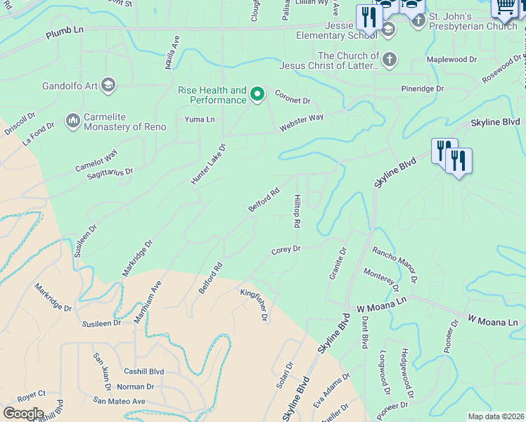 map of restaurants, bars, coffee shops, grocery stores, and more near 1660 Belford Road in Reno