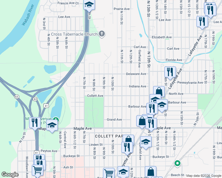 map of restaurants, bars, coffee shops, grocery stores, and more near 2430 North 10th Street in Terre Haute