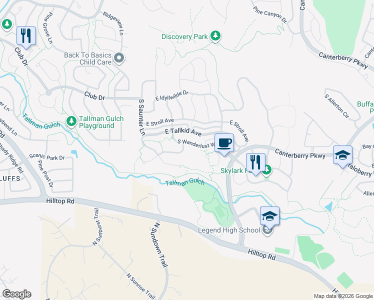 map of restaurants, bars, coffee shops, grocery stores, and more near 21578 E Wanderlust Pl in Parker