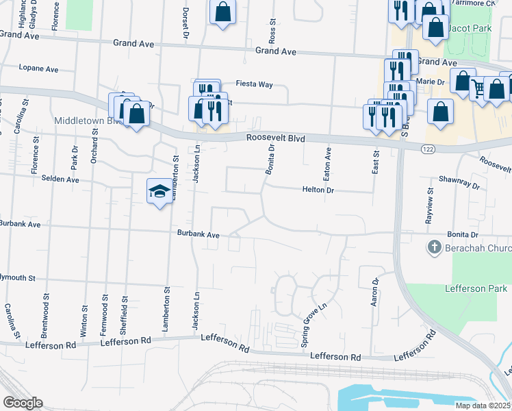 map of restaurants, bars, coffee shops, grocery stores, and more near 1716 Bonita Drive in Middletown