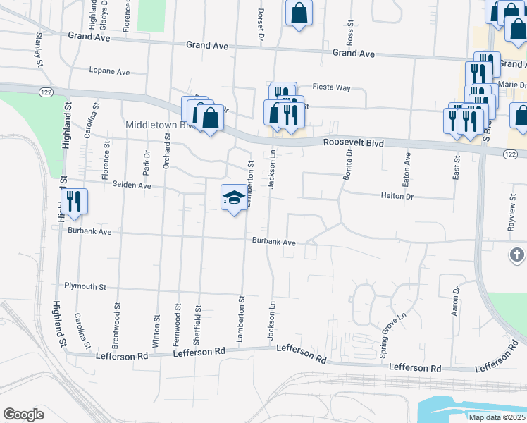 map of restaurants, bars, coffee shops, grocery stores, and more near 1728 Jackson Lane in Middletown