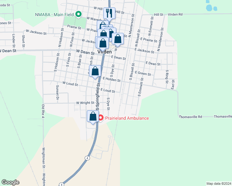 map of restaurants, bars, coffee shops, grocery stores, and more near 404 South Masterson Street in Virden