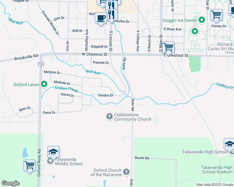 map of restaurants, bars, coffee shops, grocery stores, and more near 316 Sandra Dr in Oxford