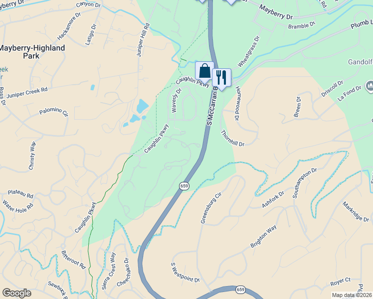 map of restaurants, bars, coffee shops, grocery stores, and more near 1535 Caughlin Creek Road in Reno