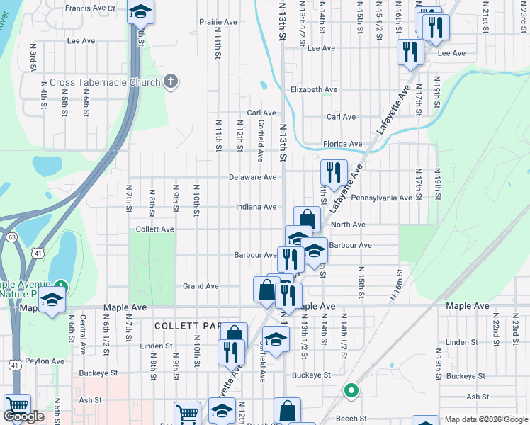 map of restaurants, bars, coffee shops, grocery stores, and more near 2415 Garfield Avenue in Terre Haute