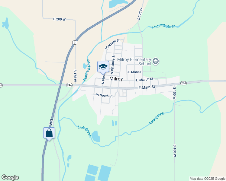 map of restaurants, bars, coffee shops, grocery stores, and more near 111 West Main Street in Milroy