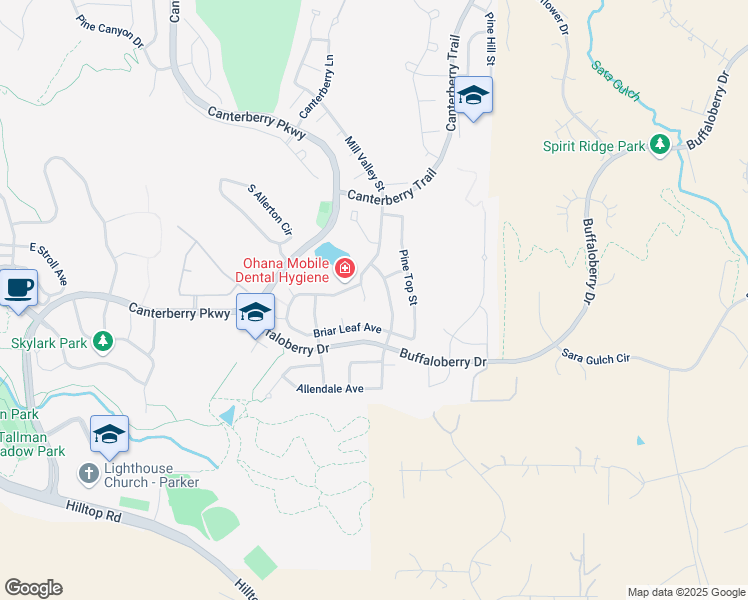 map of restaurants, bars, coffee shops, grocery stores, and more near 12083 Song Bird Hills Street in Parker