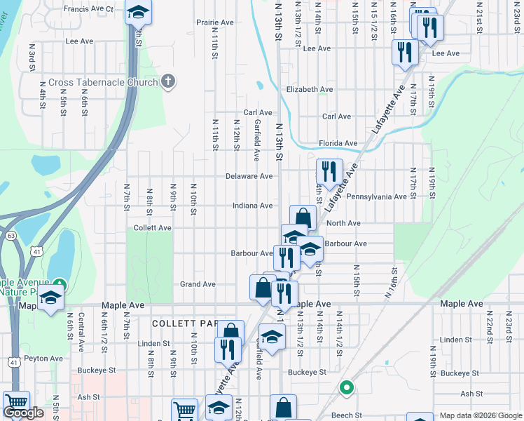 map of restaurants, bars, coffee shops, grocery stores, and more near 2415 Garfield Avenue in Terre Haute