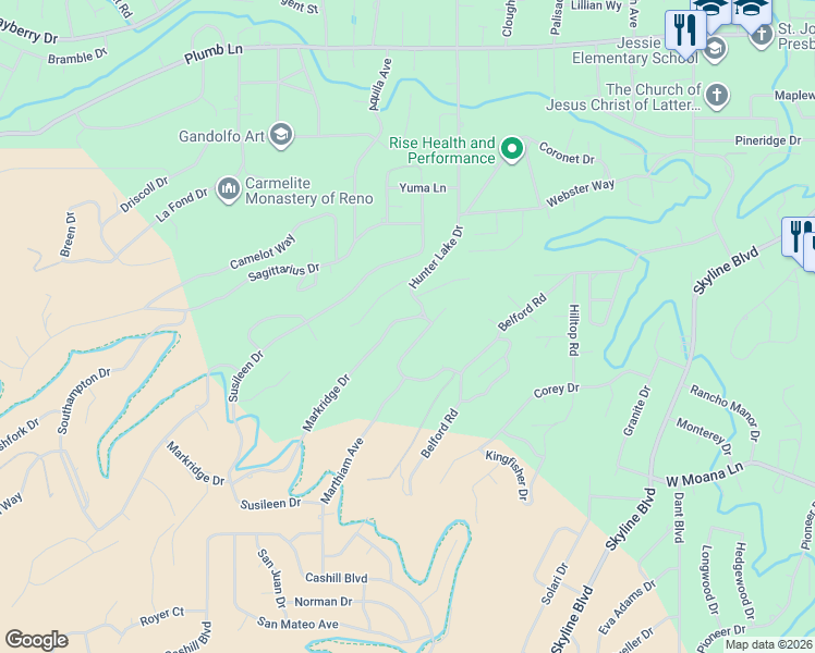 map of restaurants, bars, coffee shops, grocery stores, and more near 2664 Markridge Drive in Reno