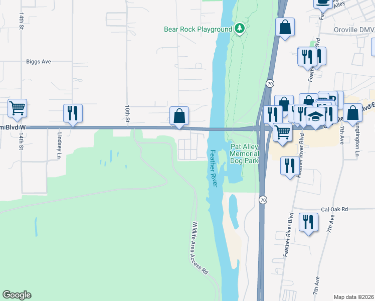 map of restaurants, bars, coffee shops, grocery stores, and more near 703 Oro Dam Boulevard West in Oroville
