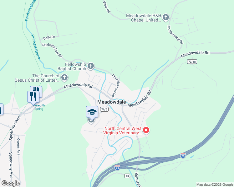 map of restaurants, bars, coffee shops, grocery stores, and more near 24 Pricketts Fort Road in Fairmont
