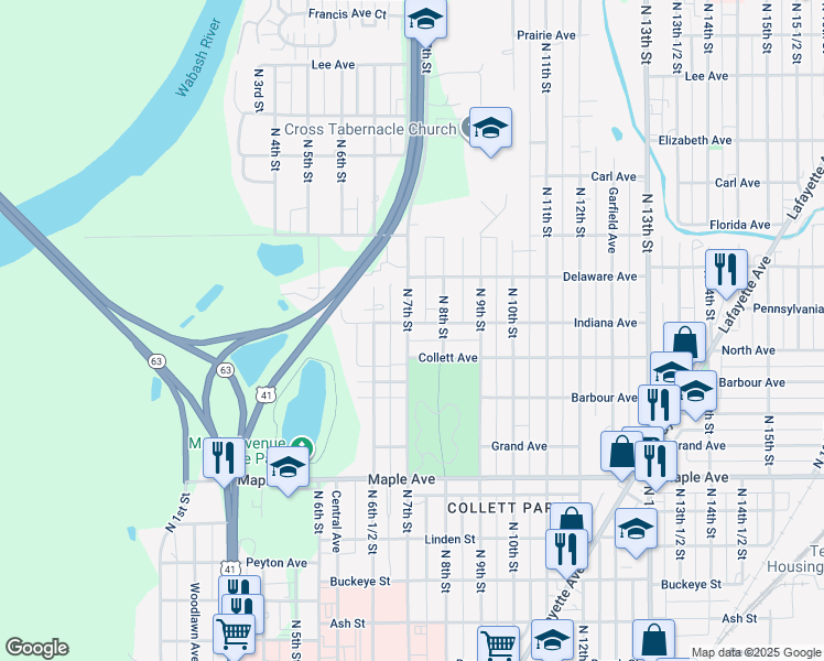 map of restaurants, bars, coffee shops, grocery stores, and more near 701 Indiana Avenue in Terre Haute