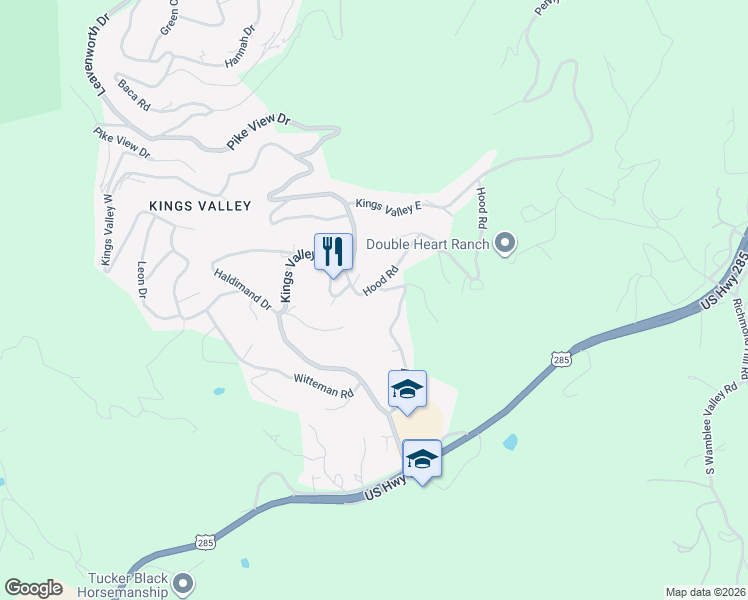 map of restaurants, bars, coffee shops, grocery stores, and more near 30608 Hood Road in Conifer