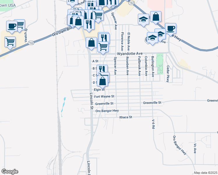 map of restaurants, bars, coffee shops, grocery stores, and more near 2074 Elgin Street in Oroville