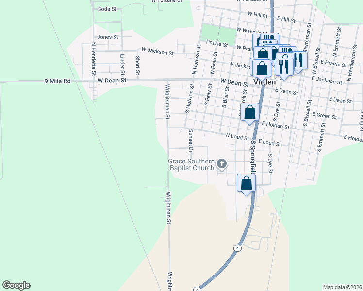 map of restaurants, bars, coffee shops, grocery stores, and more near 557 Meadow Lane in Virden
