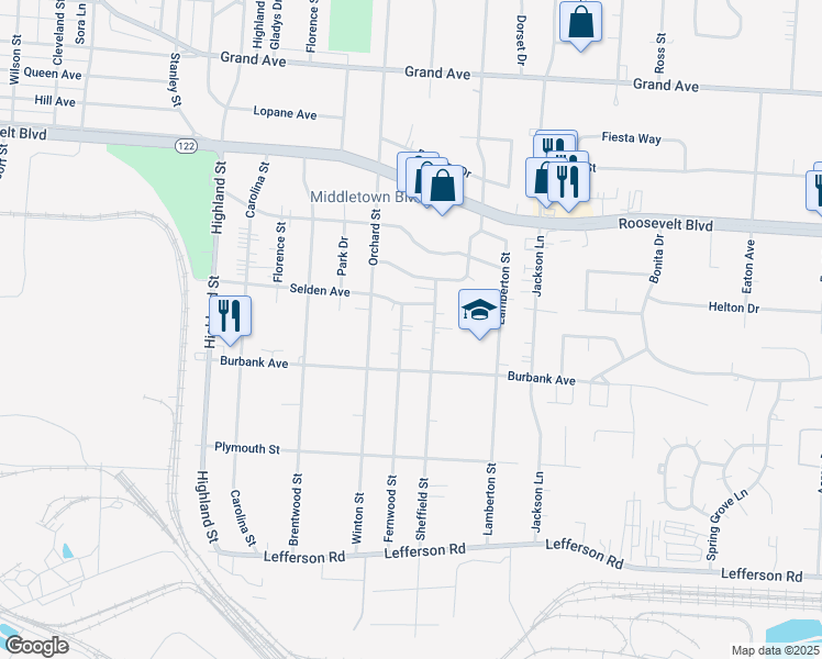 map of restaurants, bars, coffee shops, grocery stores, and more near 1731 Fernwood Street in Middletown