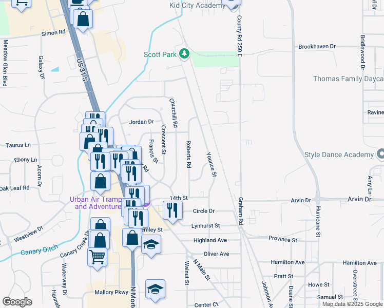 map of restaurants, bars, coffee shops, grocery stores, and more near 1543 Roberts Road in Franklin