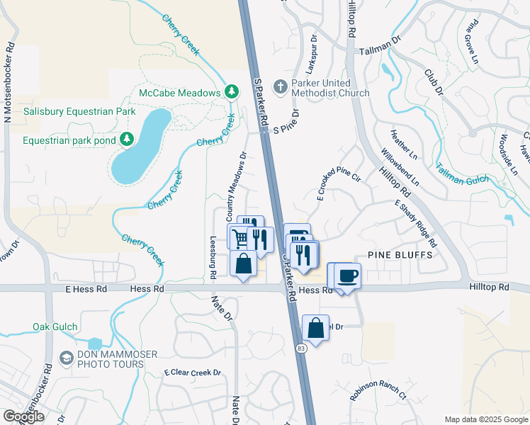 map of restaurants, bars, coffee shops, grocery stores, and more near 19806 Petersburg Court in Parker