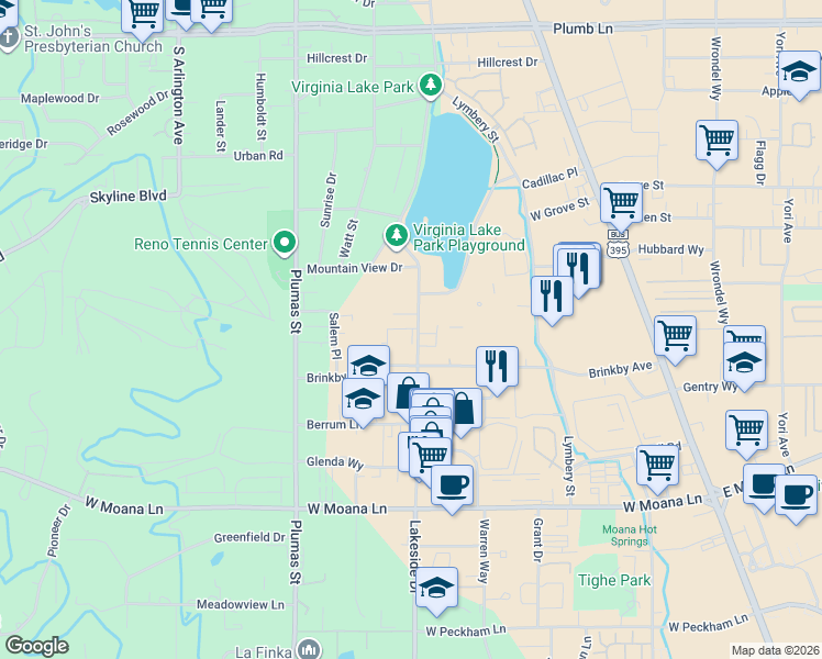 map of restaurants, bars, coffee shops, grocery stores, and more near 2955 Lakeside Drive in Reno