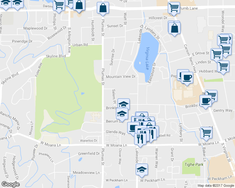 map of restaurants, bars, coffee shops, grocery stores, and more near 2908 Salem Place in Reno