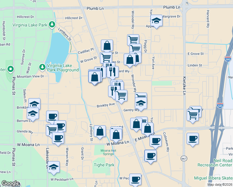 map of restaurants, bars, coffee shops, grocery stores, and more near 2950 South Virginia Street in Reno