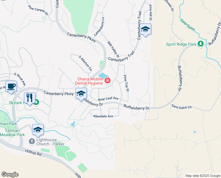 map of restaurants, bars, coffee shops, grocery stores, and more near 12083 Song Bird Hills Street in Parker